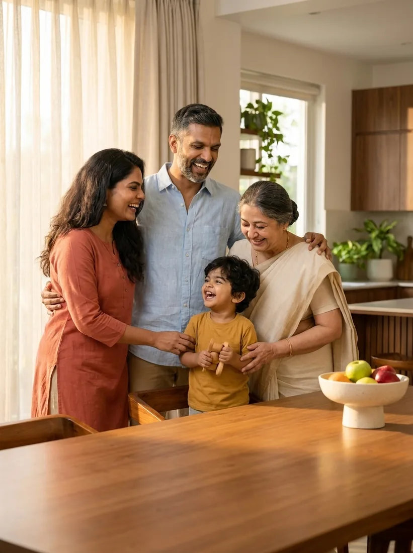 Three generations of an Indian family together at home