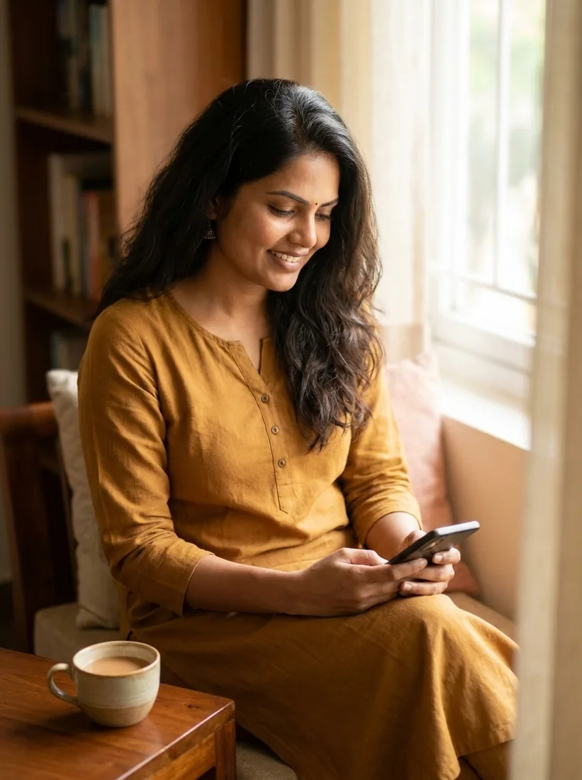 A woman at home checking her latest health update from MIRA on WhatsApp
